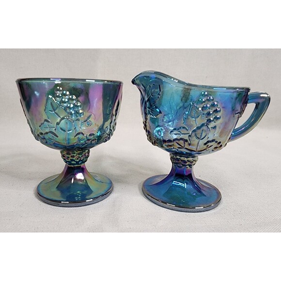 Vintage Indiana Glass Harvest Grape Blue Carnival Glass Creamer & Sugar Set - Picture 3 of 16